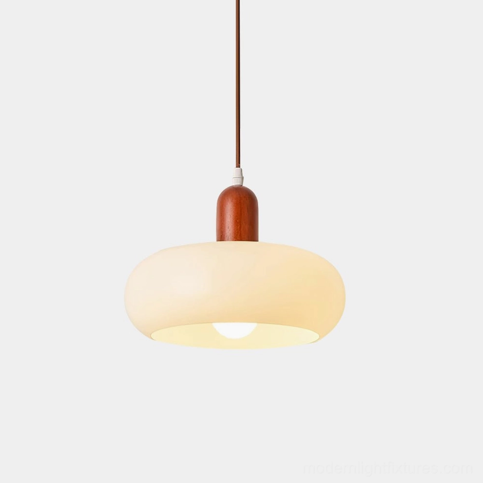 Rime walnut wood pendant lamp with frosted milk glass shade, front low-angle view on white background