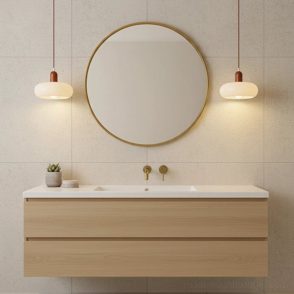Rime modern pendant lamp with walnut wood cap and frosted glass shade, close-up detail view