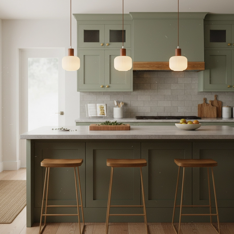 Cream frosted glass pendant lamps with walnut wood tops installed over vintage farmhouse kitchen island