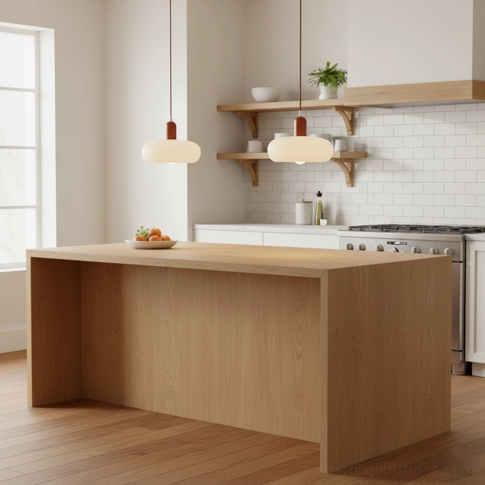 Rime frosted glass pendant lamps suspended over modern kitchen island with wooden countertop