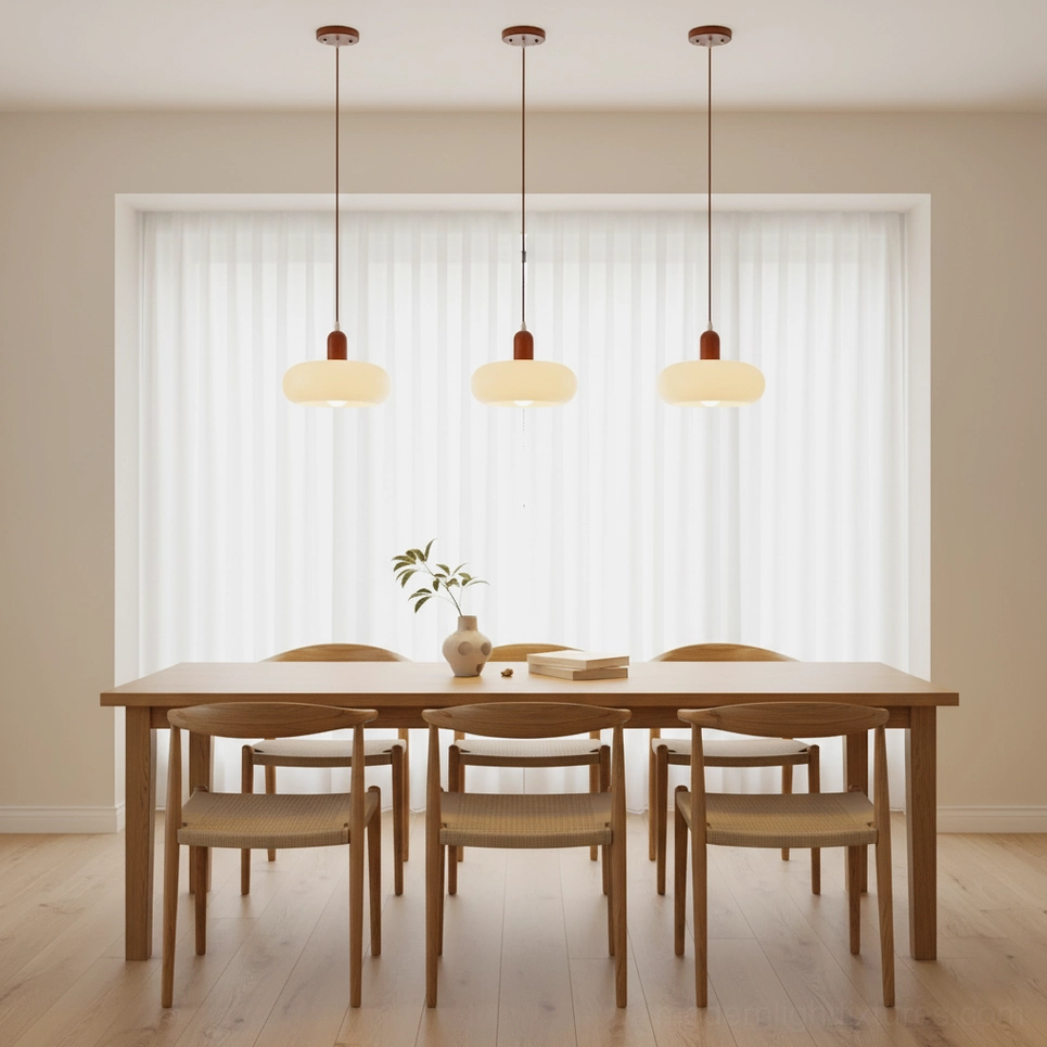 Three synchronized Rime pendant lights hanging in dining room with sheer curtains and warm light
