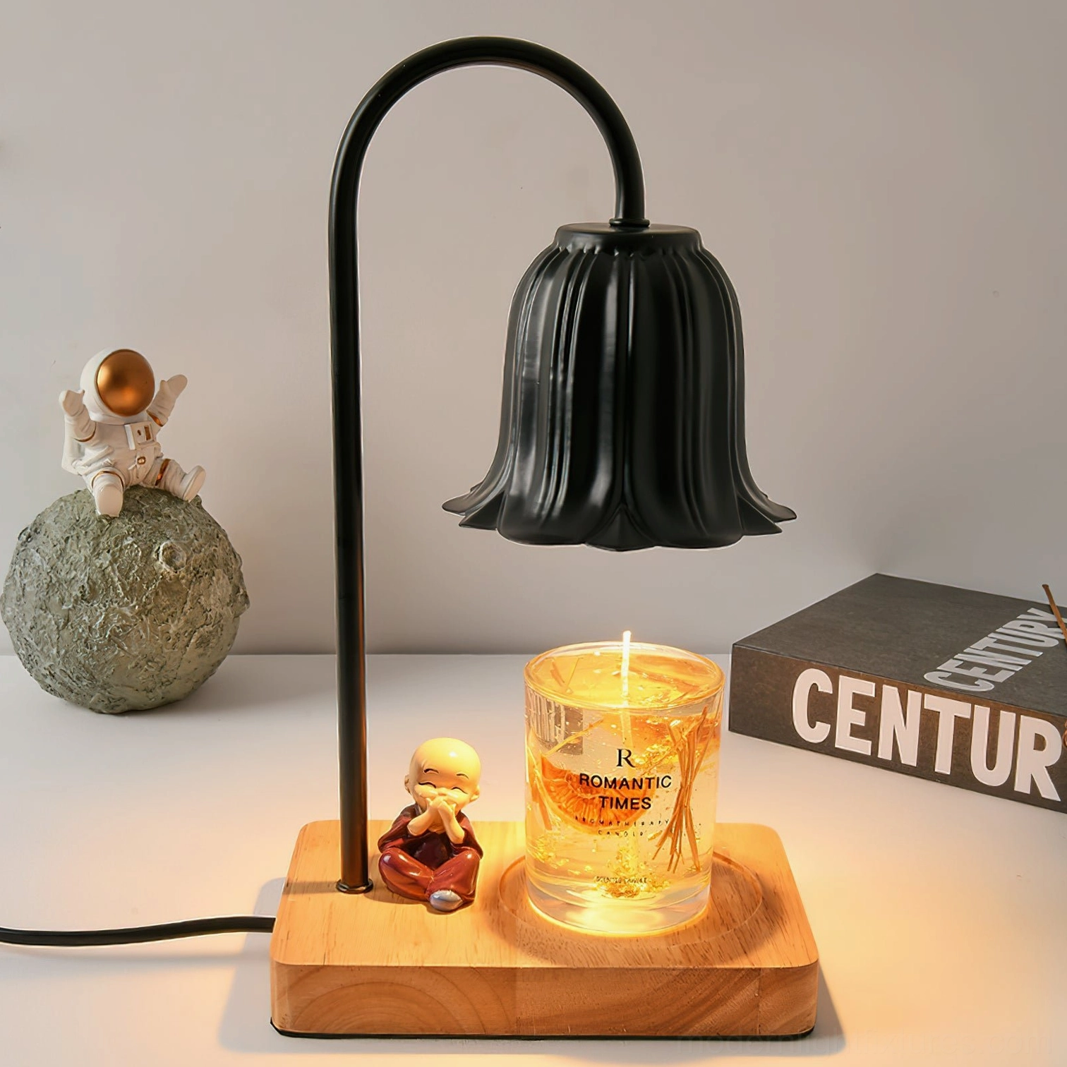 Rina black petal bell candle warmer lamp modern table light with wooden base decor