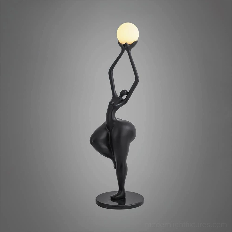 Black matte Rina modern sculpture floor lamp with pedestal base and premium glass diffuser sphere, contemporary design
