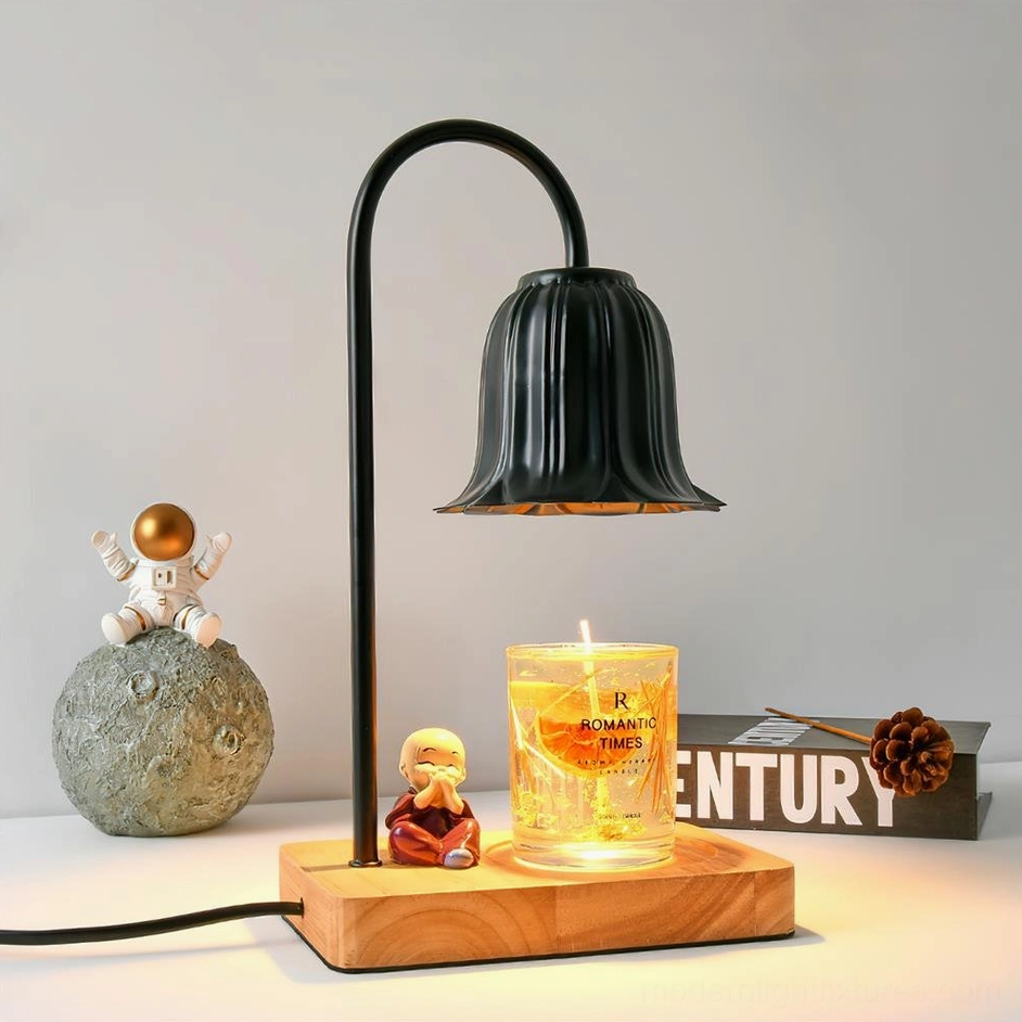 Rina candle warmer lamp detail view wooden base craftsmanship and metal frame construction