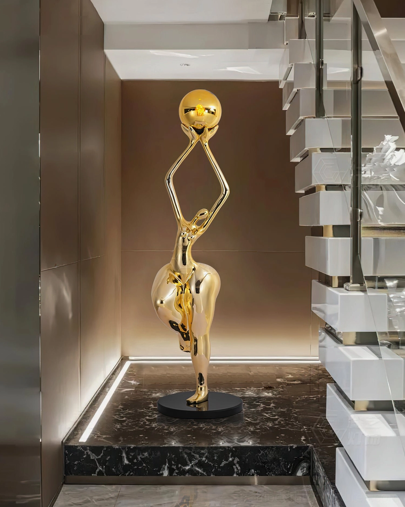 Contemporary floor lamp sculpture displaying elegant upward-reaching abstract female form with glowing orb, modern art lighting