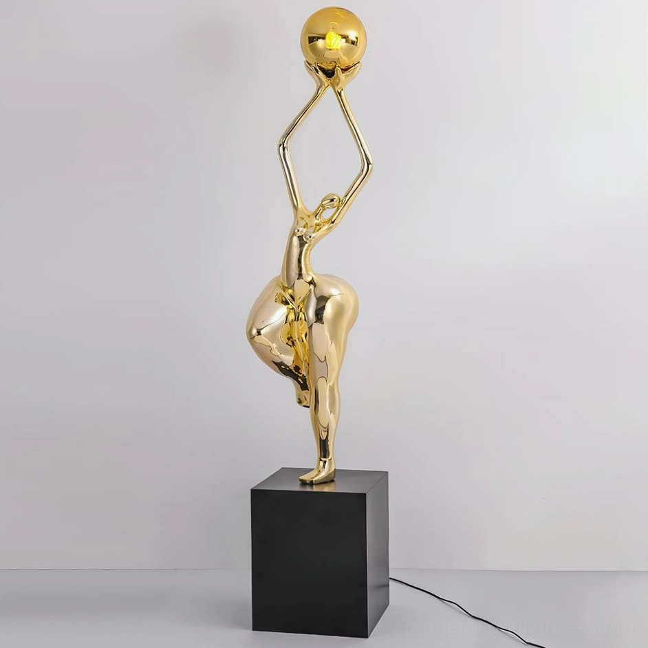 Gold Rina sculptural floor lamp with polished finish and spherical shade, luxury modern lighting fixture design