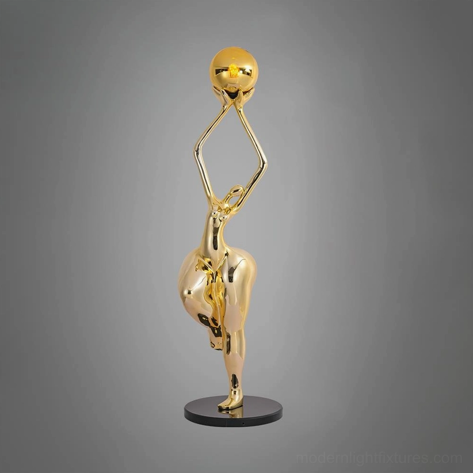 Rina sculptural floor lamp illuminated in modern interior space, artistic lighting creating ambient glow