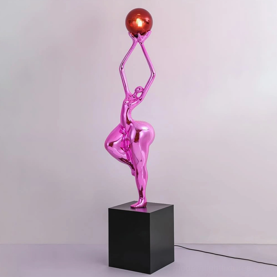 Pink Rina sculpture floor lamp with elegant abstract female form, contemporary artistic lighting statement