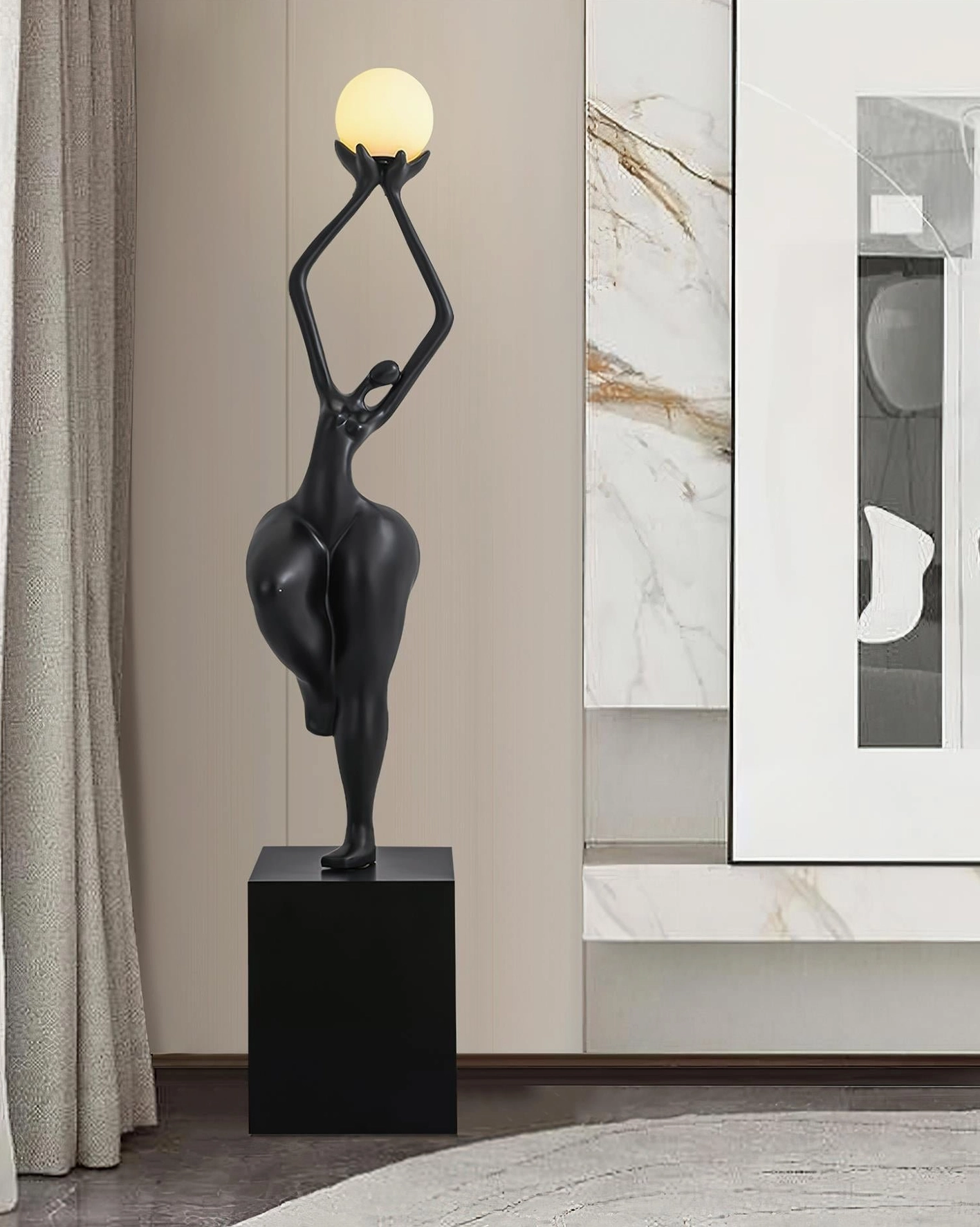 Modern luxury living room featuring black sculptural floor lamp against marble wall backdrop, contemporary art lighting design