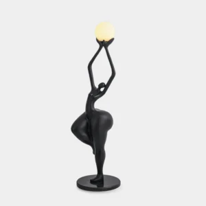 Rina modern sculptural floor lamp with matte black finish and spherical glass shade against white background, contemporary art lighting design