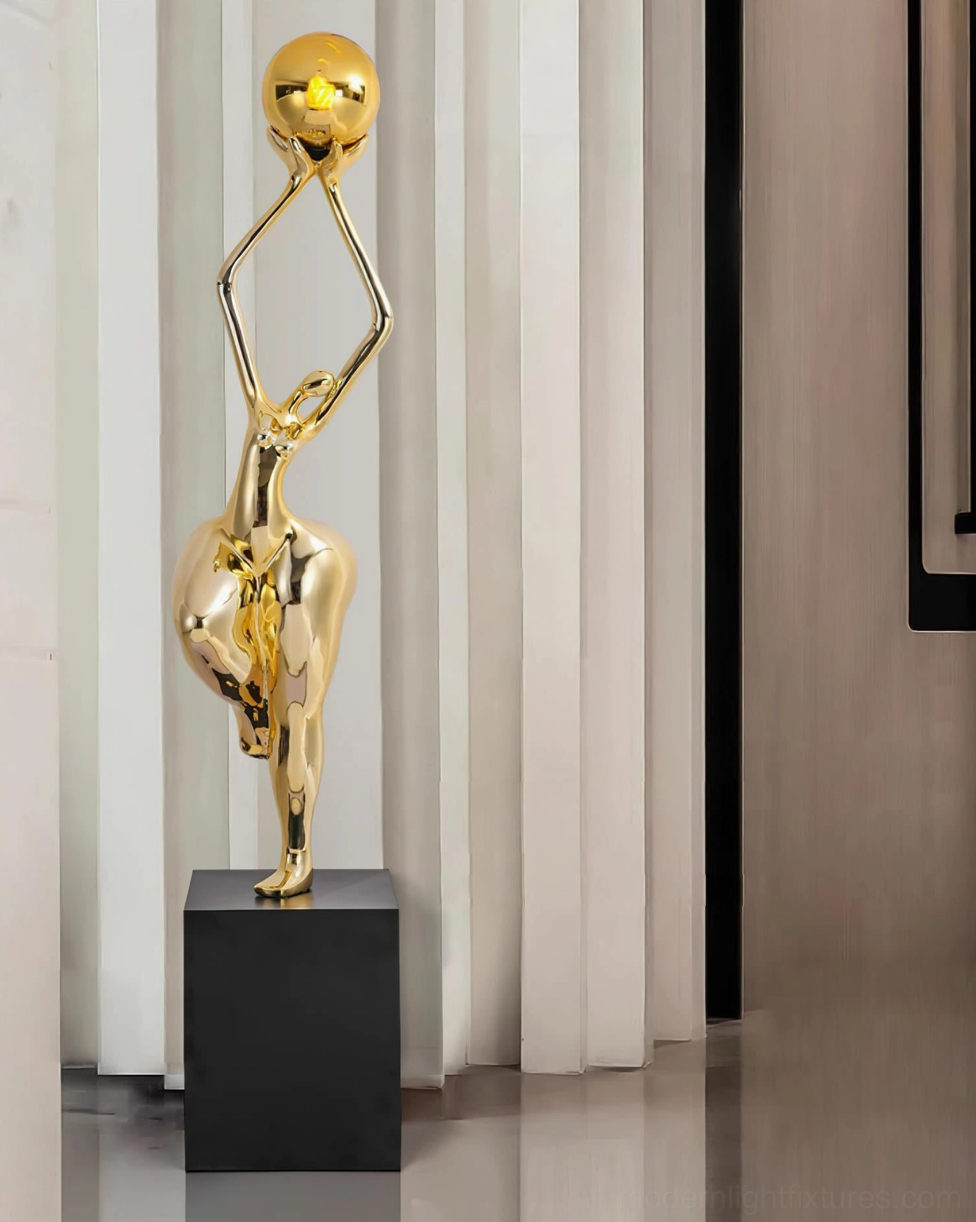Sculptural female form floor lamp with abstract upward reaching gesture, artistic modern lighting fixture close-up