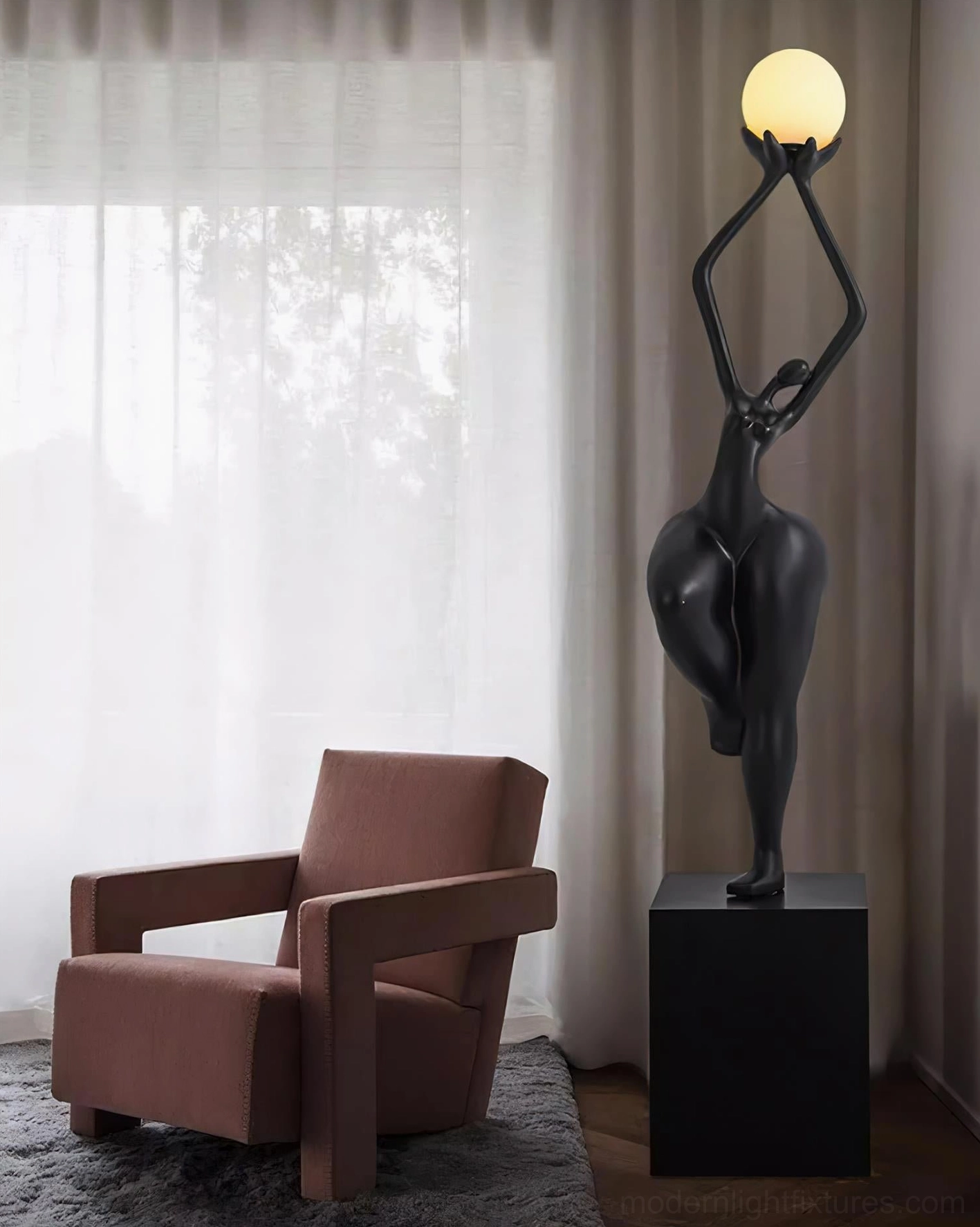 Rina sculpture floor lamp showcasing geometric base and smooth resin finish in minimalist contemporary setting