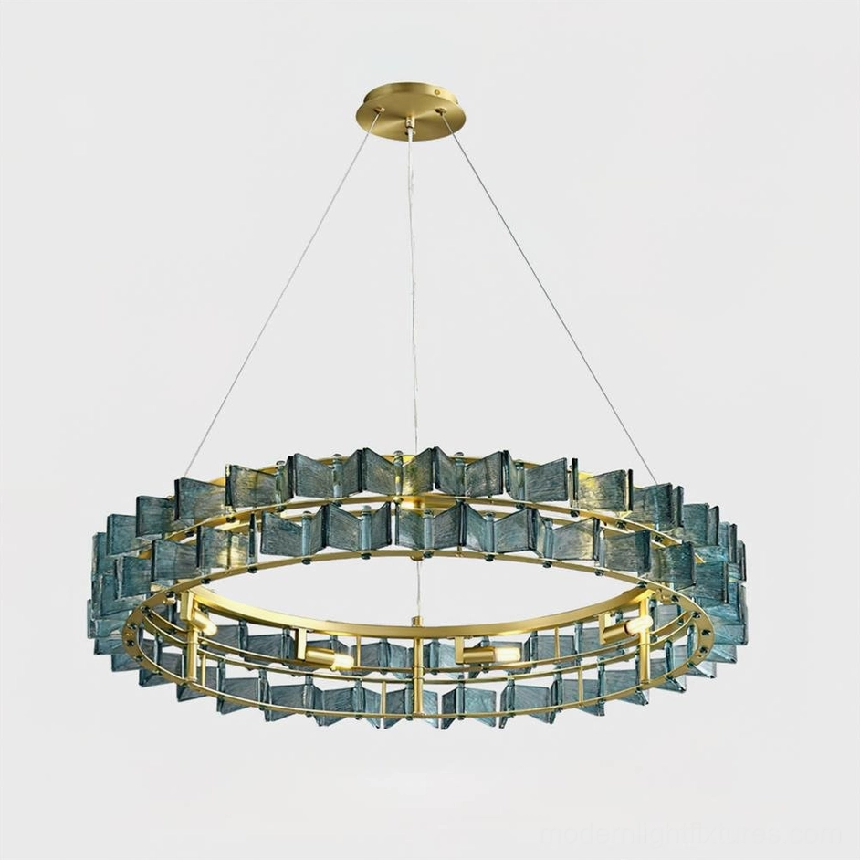 Modern ring chandelier multiple sizes comparison blue and amber glass color options