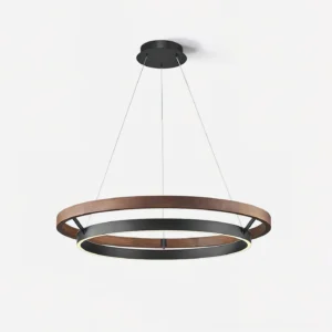 Modern Ringora LED chandelier featuring wooden outer ring and matte black inner ring design