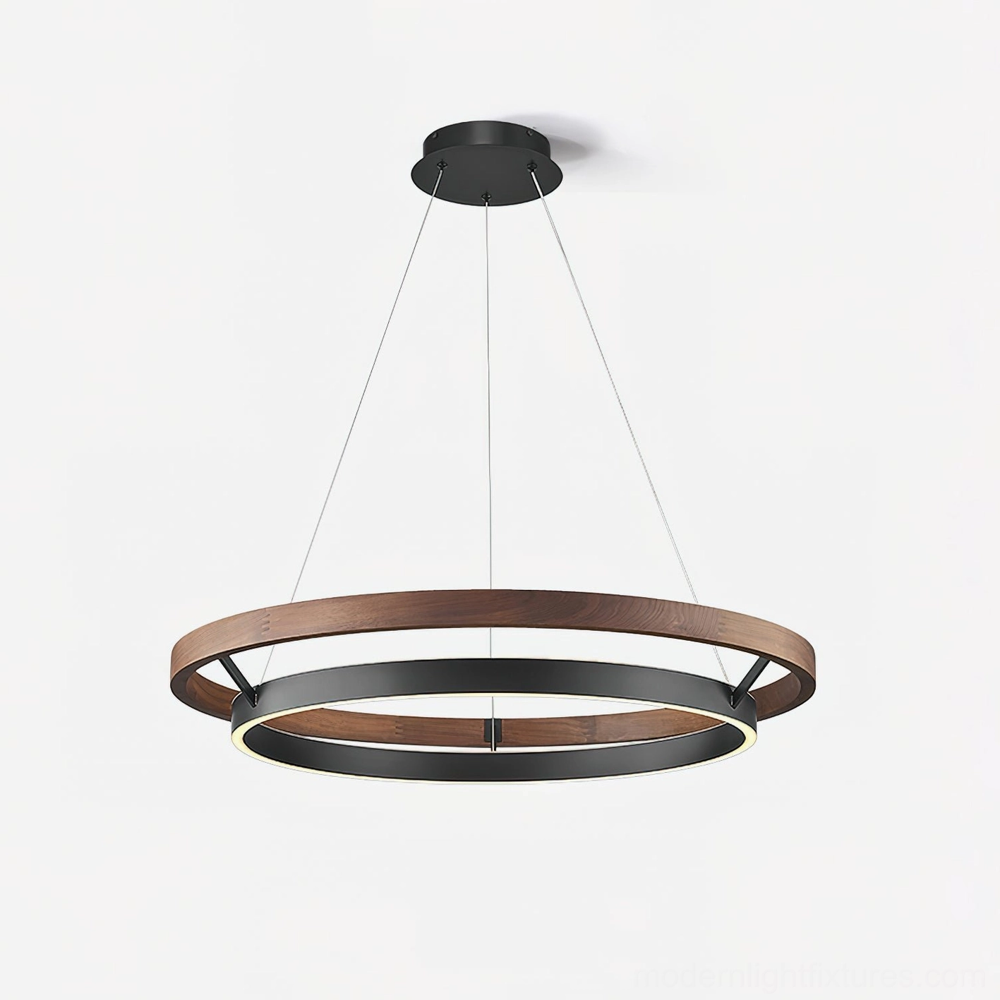 Modern Ringora LED chandelier featuring wooden outer ring and matte black inner ring design