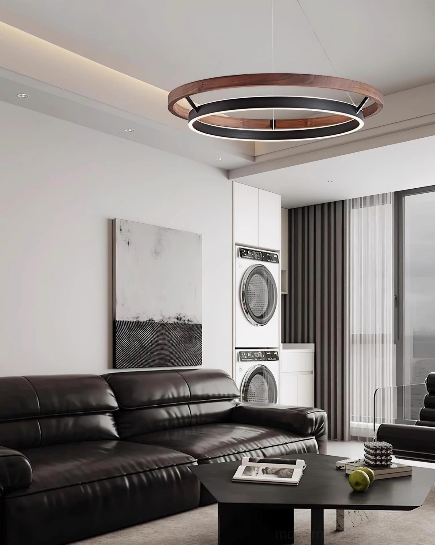 Ringora minimalist pendant light in contemporary living room above leather sofa