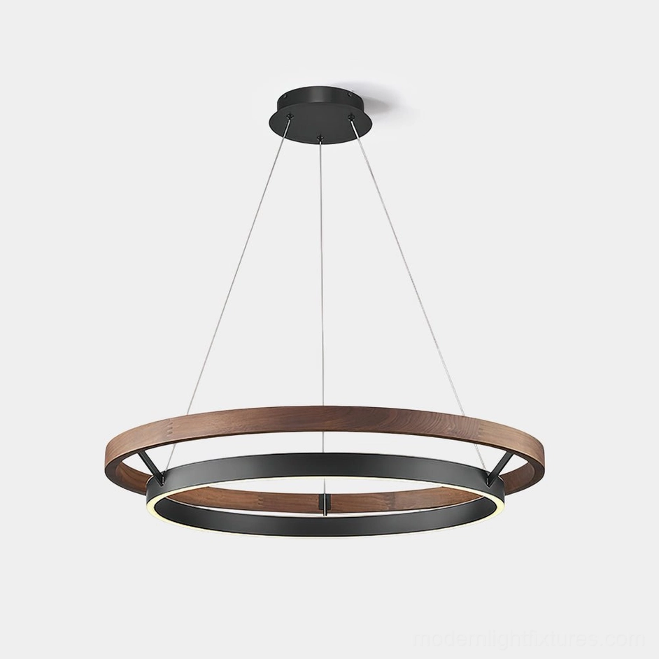Ringora modern pendant chandelier with concentric walnut and black rings - front product view
