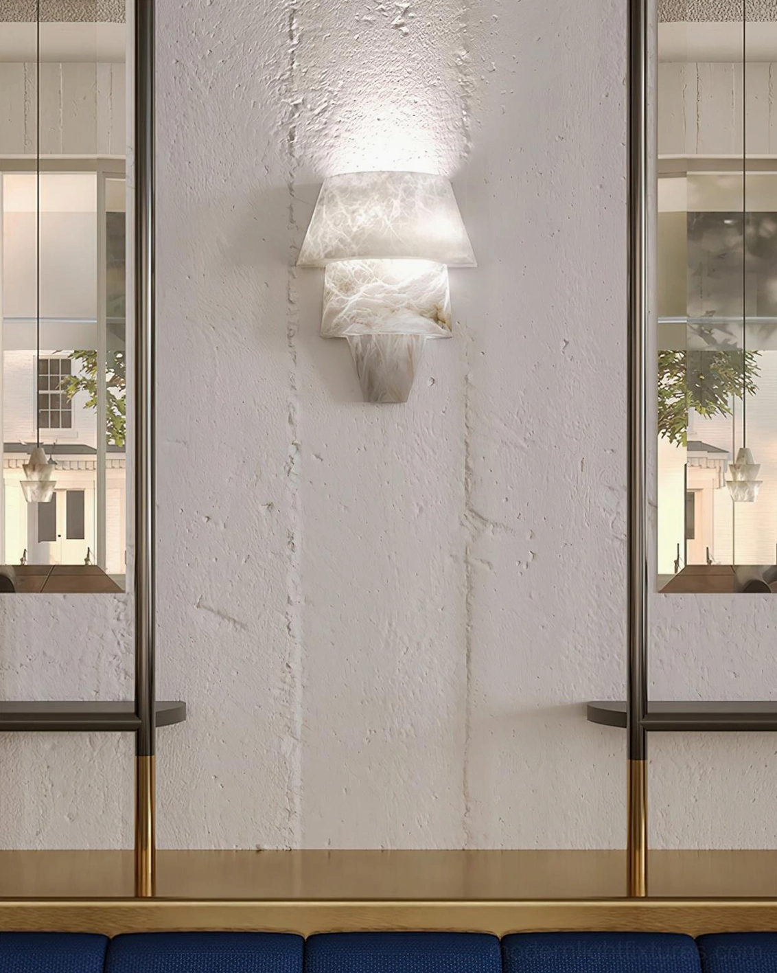 Rinkle wall sconce close-up alabaster veining natural variation artisanal craftsmanship