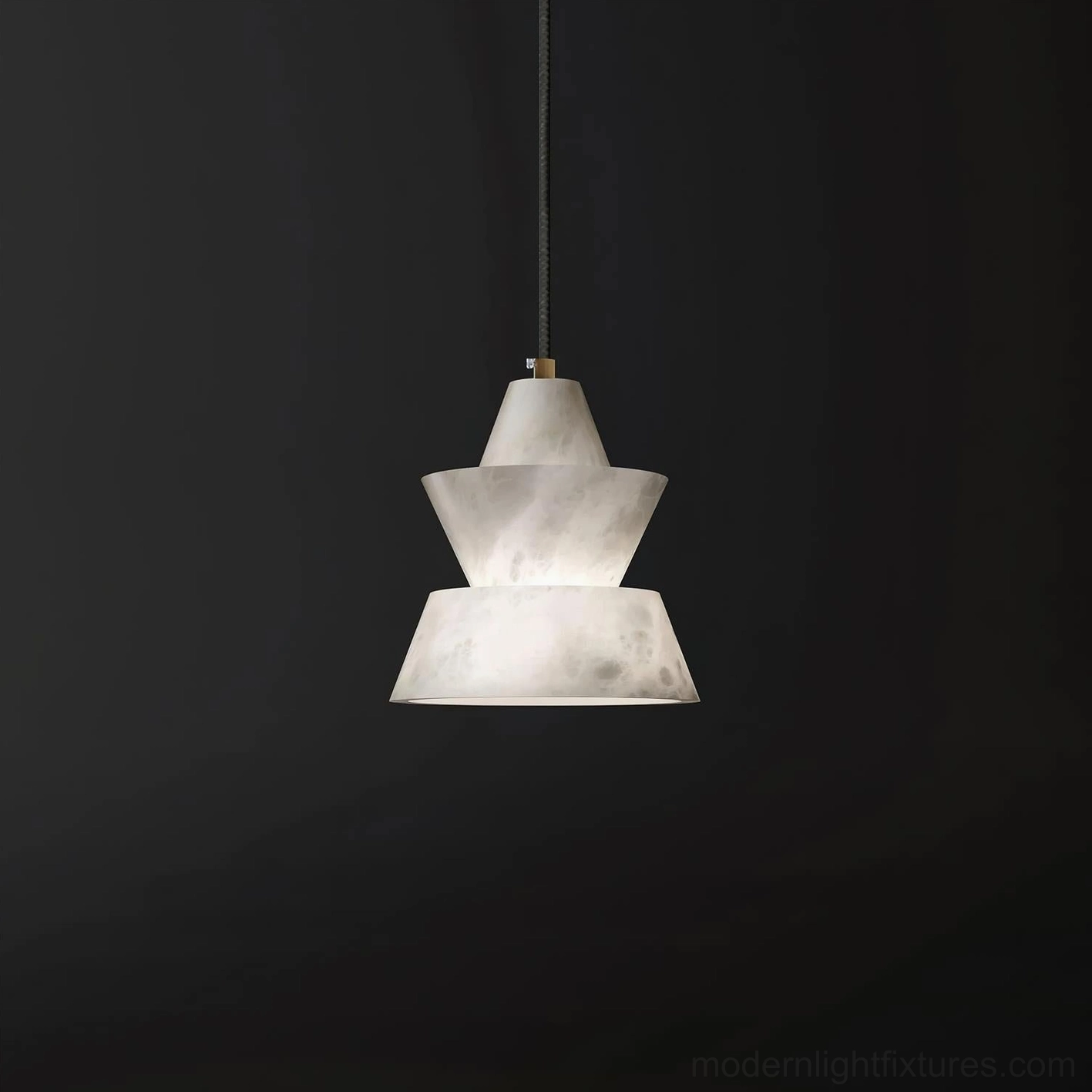 Rinkle tiered alabaster pendant light three-layer trapezoidal shape direct front view on black studio background with warm glowing light effect