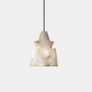 Rinkle tiered alabaster pendant light with three-tier trapezoidal design, front view on white background showing natural stone veining and minimalist luxury style