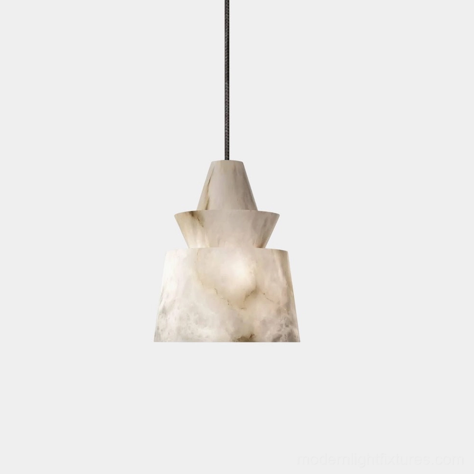 Rinkle tiered alabaster pendant light with three-tier trapezoidal design, front view on white background showing natural stone veining and minimalist luxury style