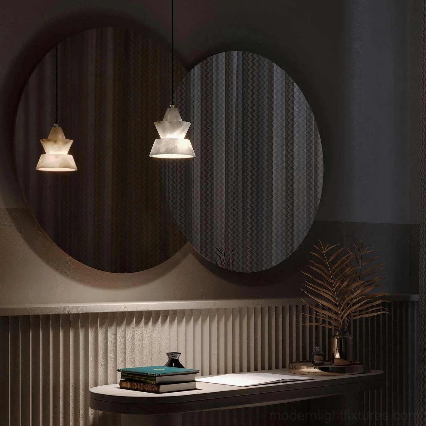 Rinkle alabaster pendant light sculptural stone fixture detail showing natural veining texture and tiered geometric form