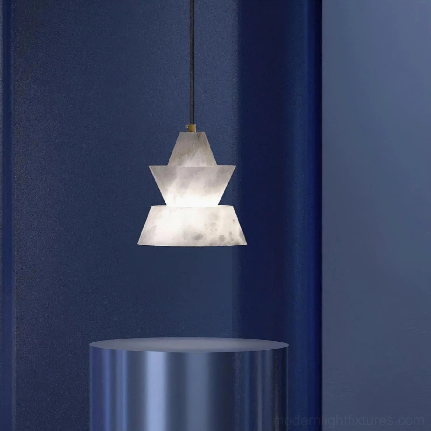 Rinkle tiered alabaster pendant light hanging installation showcasing warm diffused light and architectural sculptural silhouette