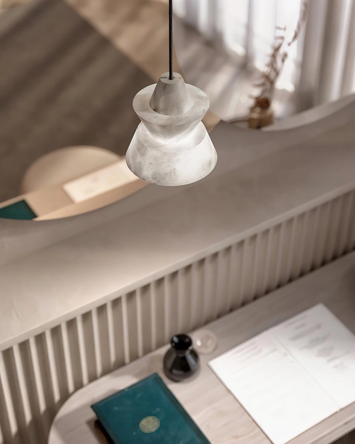 Single rinkle alabaster pendant light hung above wooden dresser in luxury bedroom, close-up overhead view with ambient warm lighting on slatted shelf