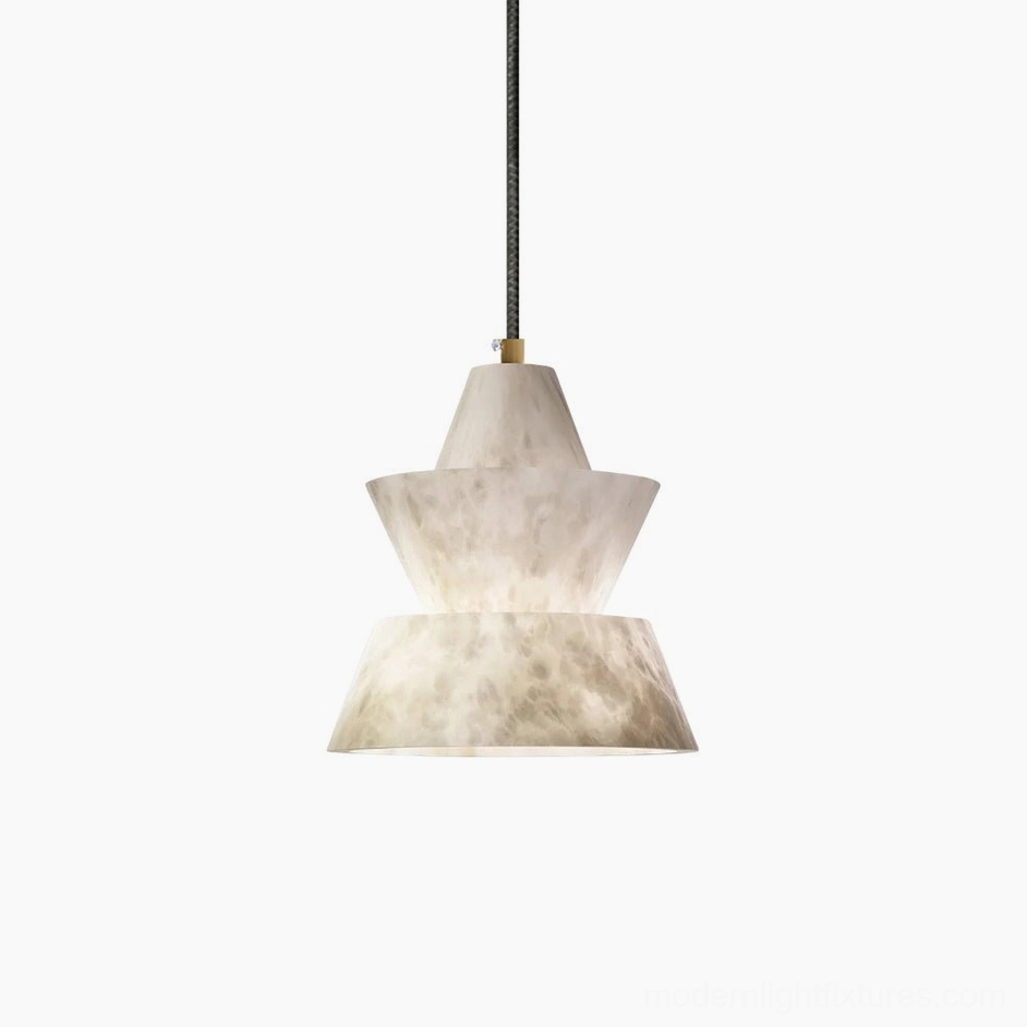 Rinkle Model A alabaster pendant light compact size variant 18cm height, three-tier natural stone shade with minimalist metal hardware