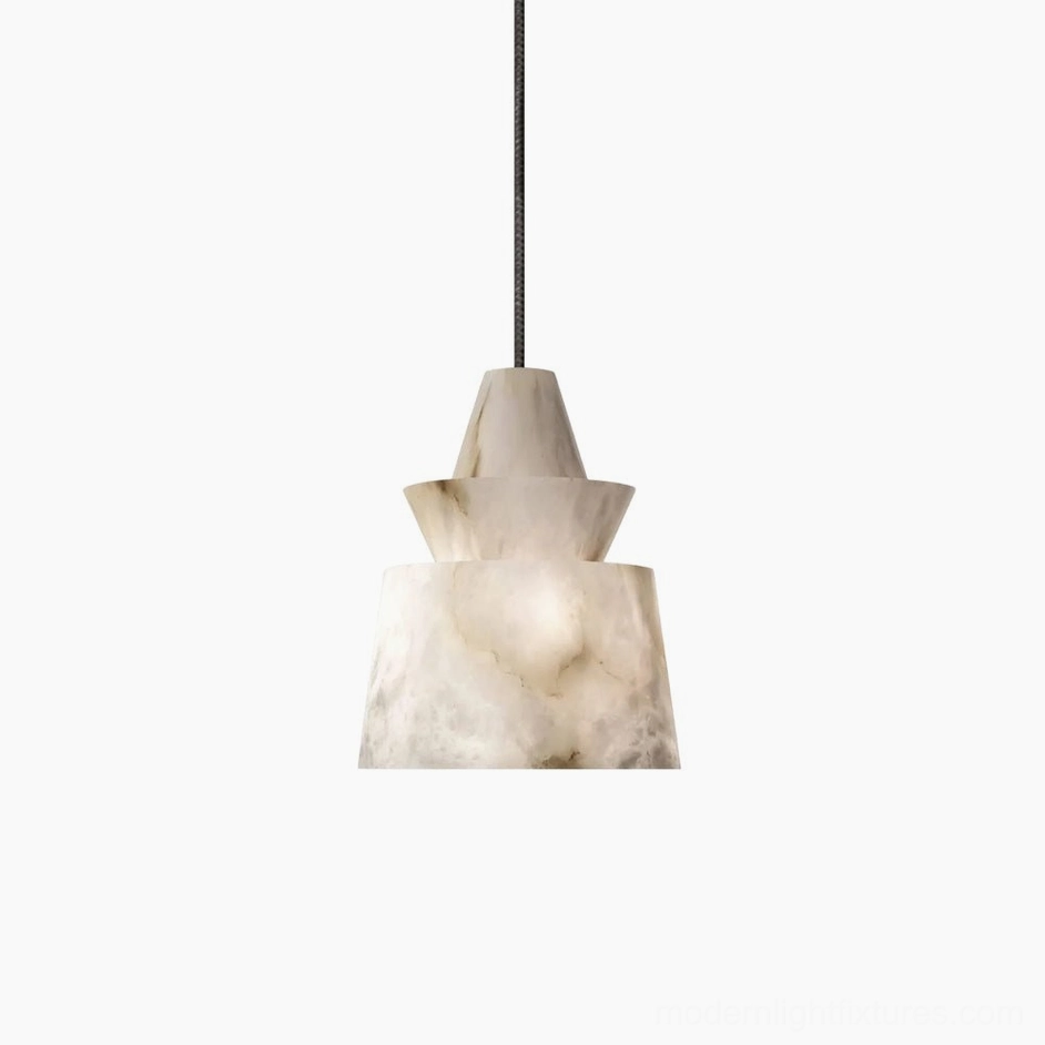 Rinkle Model B alabaster pendant light tall size variant 22cm height, complete fixture with metal frame and white alabaster shade
