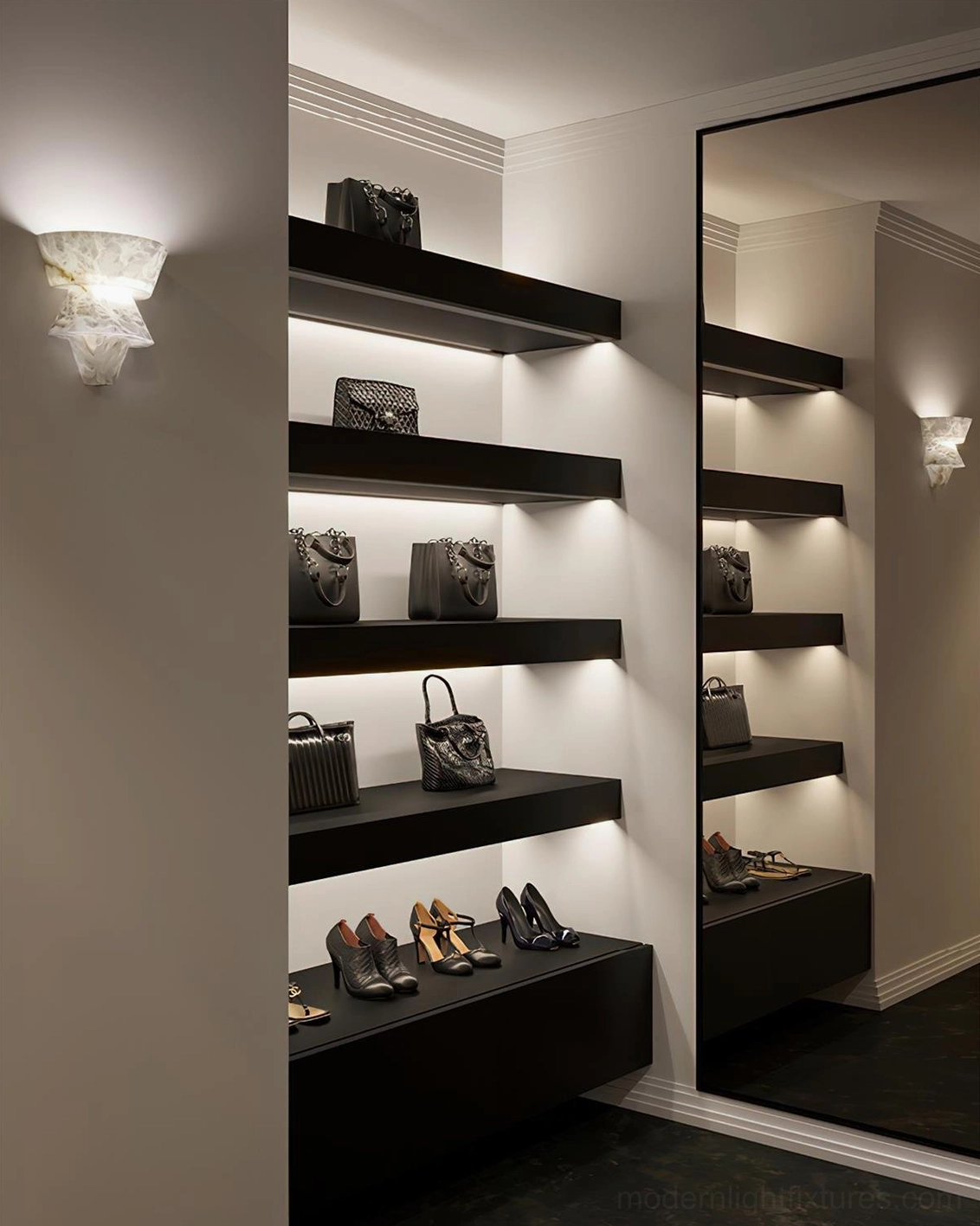 Rinkle wall sconce installed in luxury walk-in closet accent lighting on display shelving