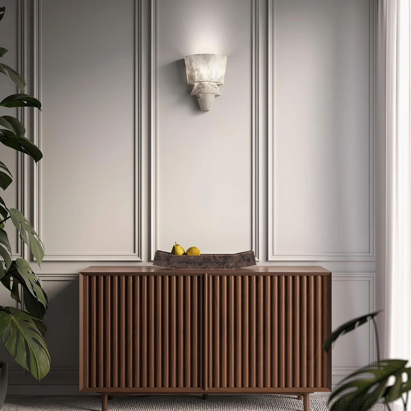 Rinkle alabaster wall sconce neoclassical entryway ambient lighting on paneled walls