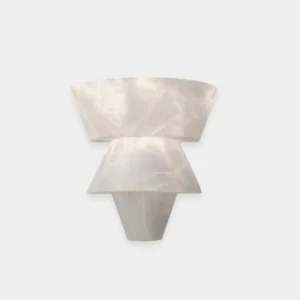 Rinkle tiered alabaster wall sconce front view, stepped geometric design with natural white marble texture