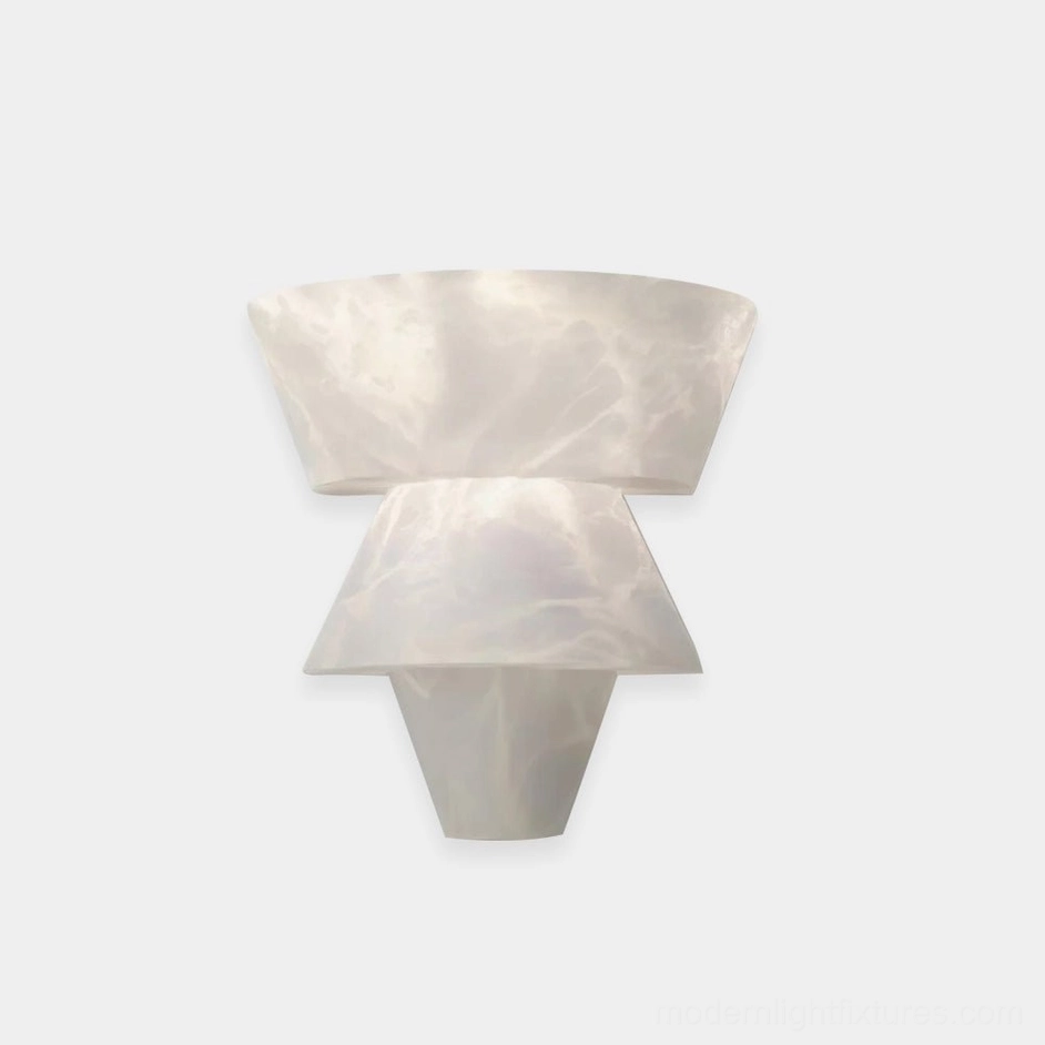 Rinkle tiered alabaster wall sconce front view, stepped geometric design with natural white marble texture