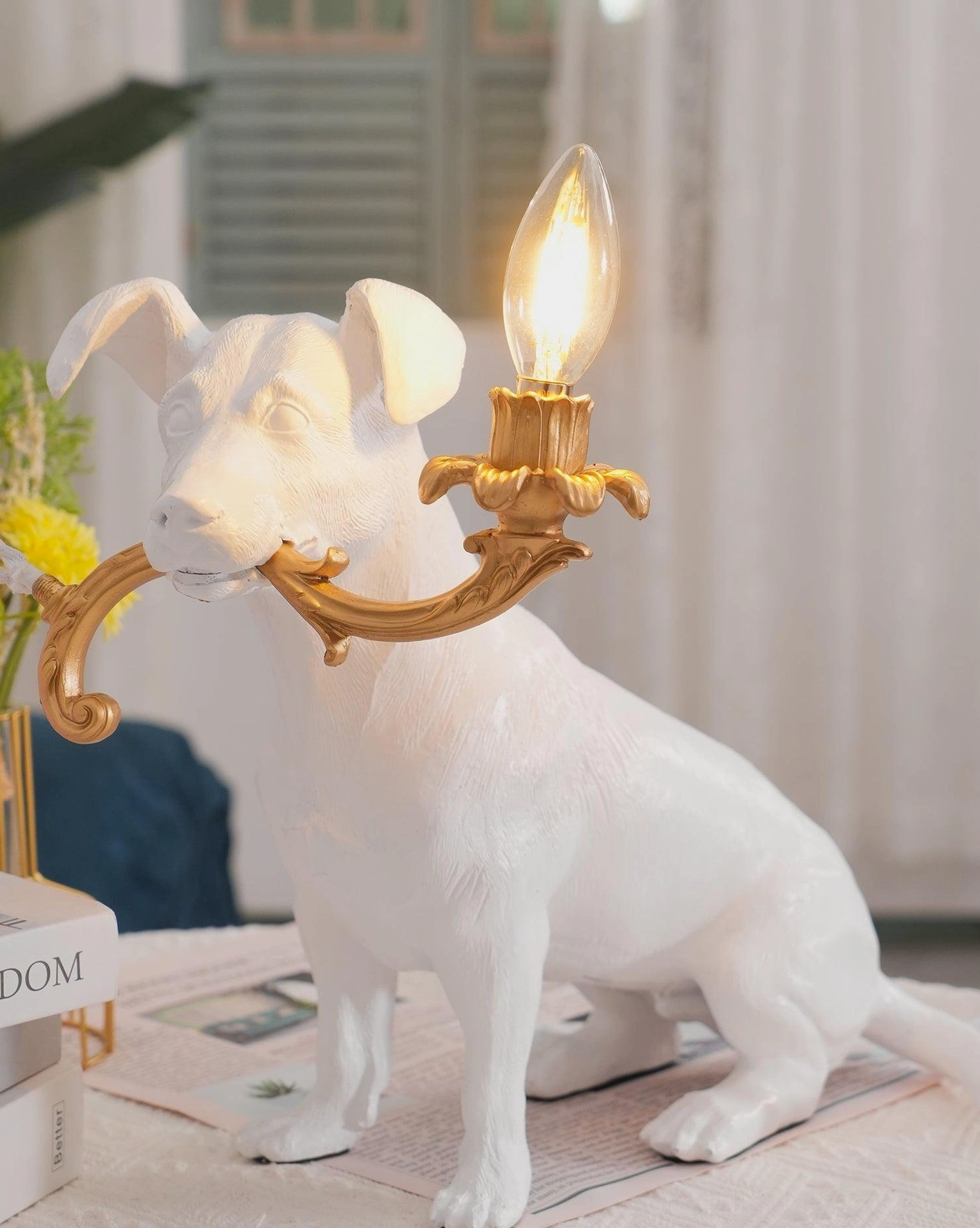 Rio decorative dog lamp modern table light, white resin dog-shaped fixture gold candelabra, contemporary home illumination