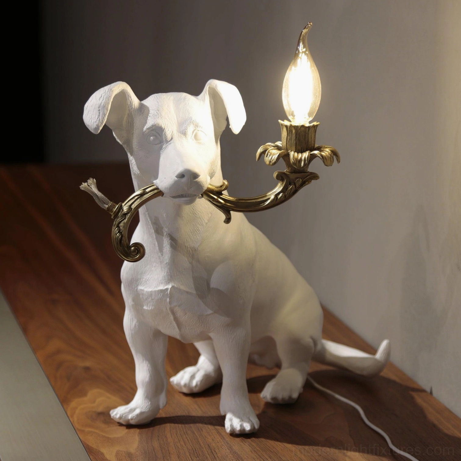 Rio dog table lamp display, modern decorative dog light fixture, white resin sculptural table lamp contemporary