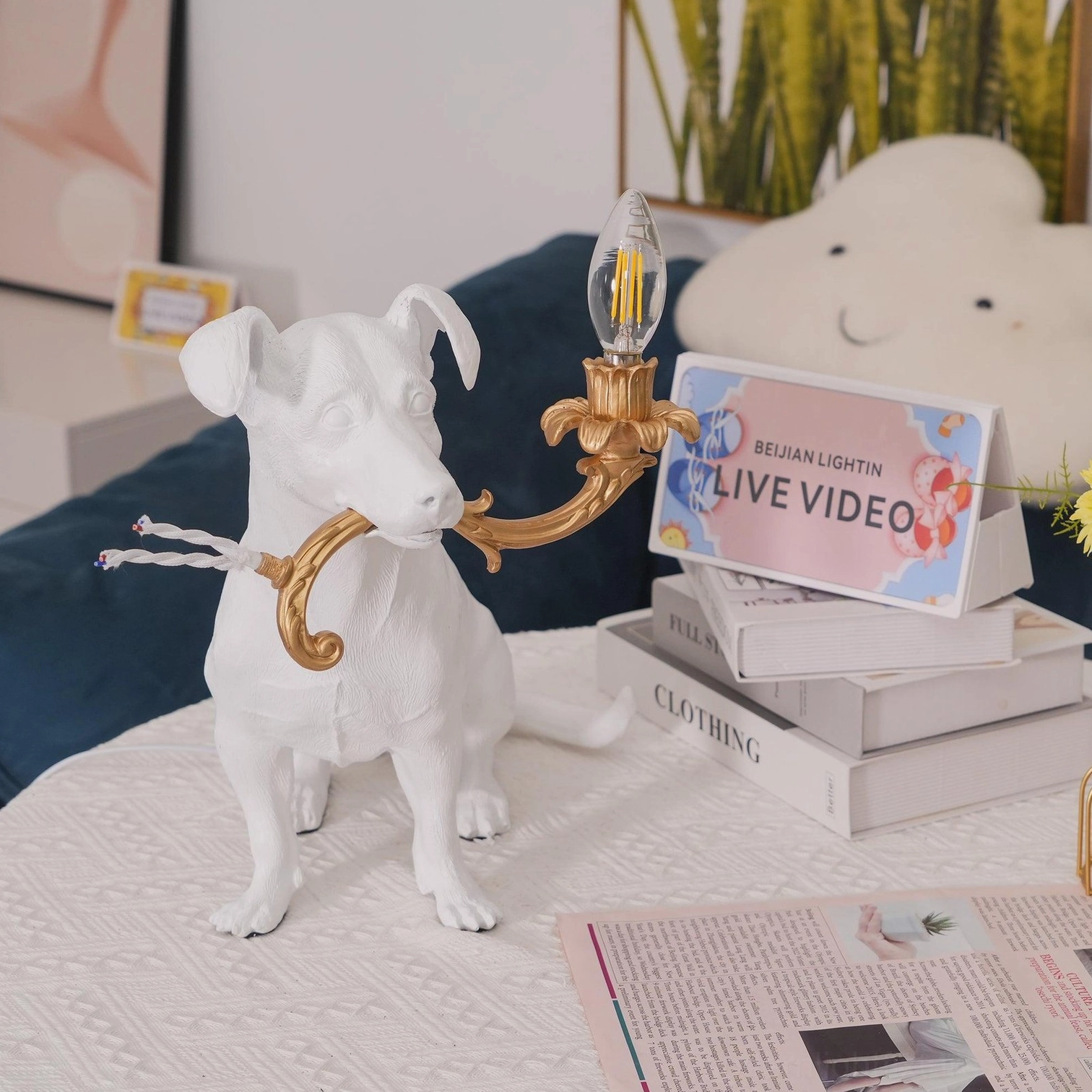 Rio dog table lamp elegant design, sculptural white resin dog fixture, gold metal candelabra luxury home lighting