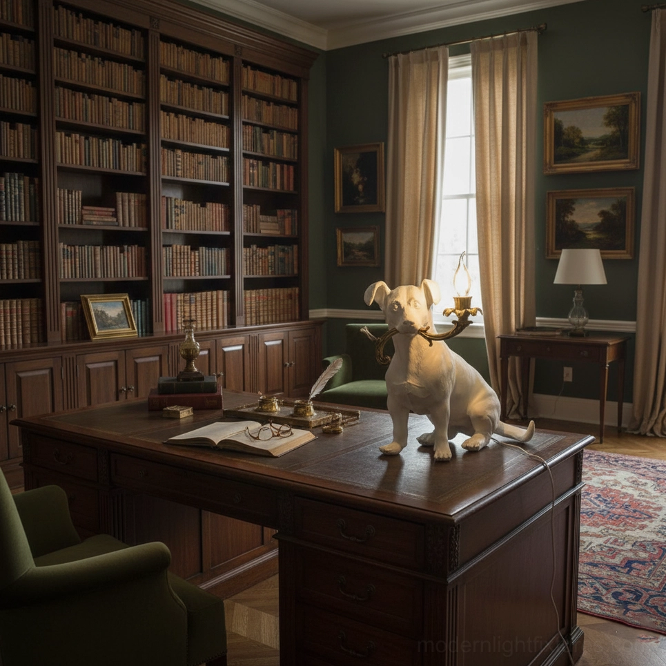 Rio dog table lamp on executive desk library, modern home office lighting, decorative dog-shaped fixture traditional luxury setting