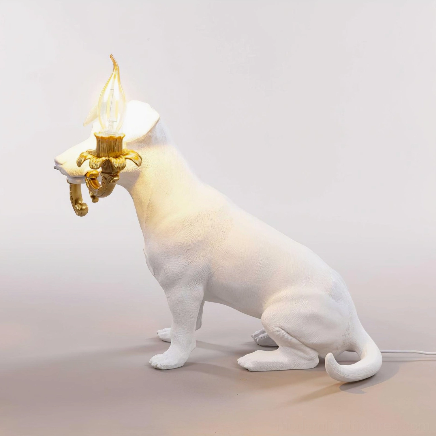 Rio dog table lamp seated dog sculpture, modern decorative light fixture, white resin gold candelabra contemporary