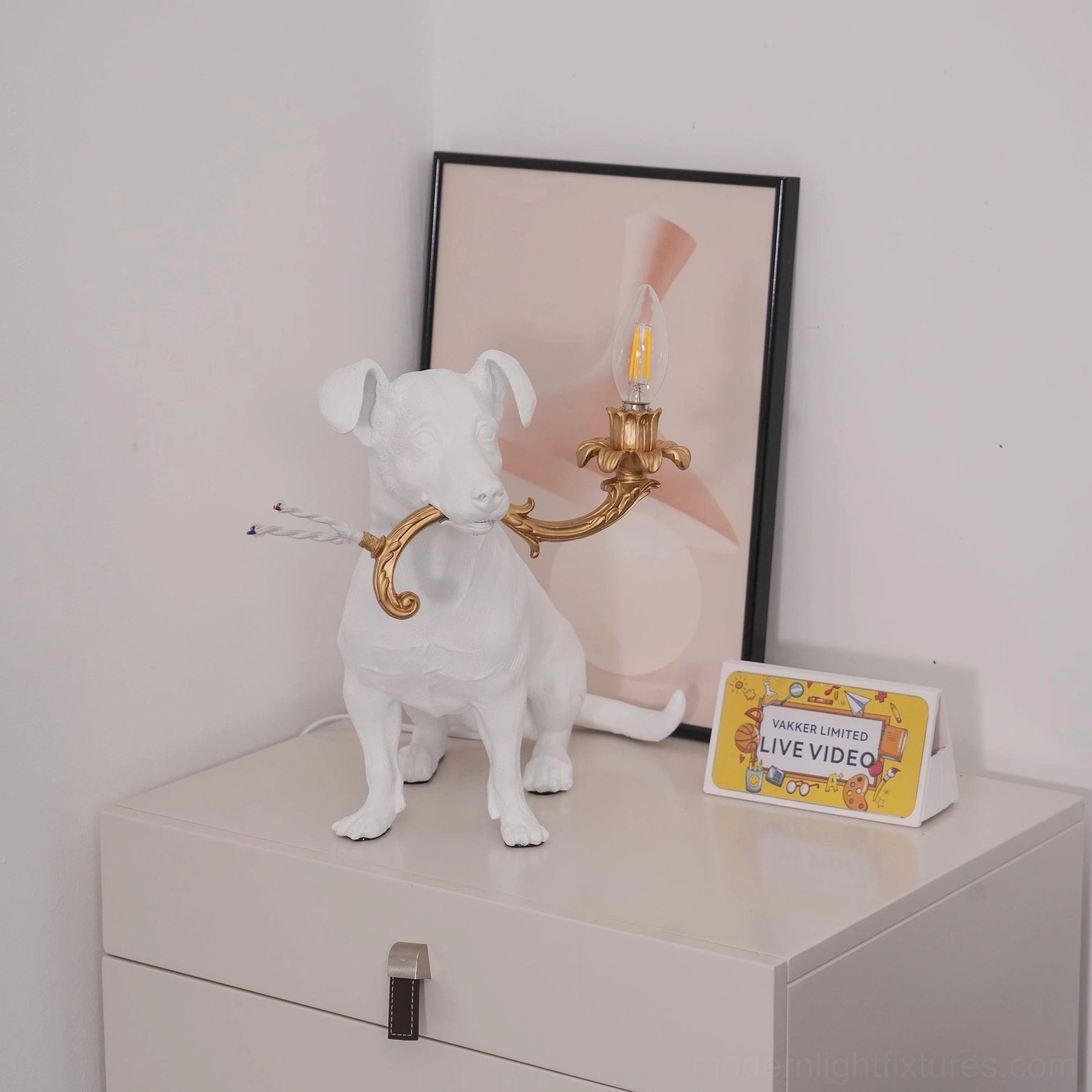 Rio dog table lamp single fixture, modern white resin dog light, decorative canine table lamp contemporary home