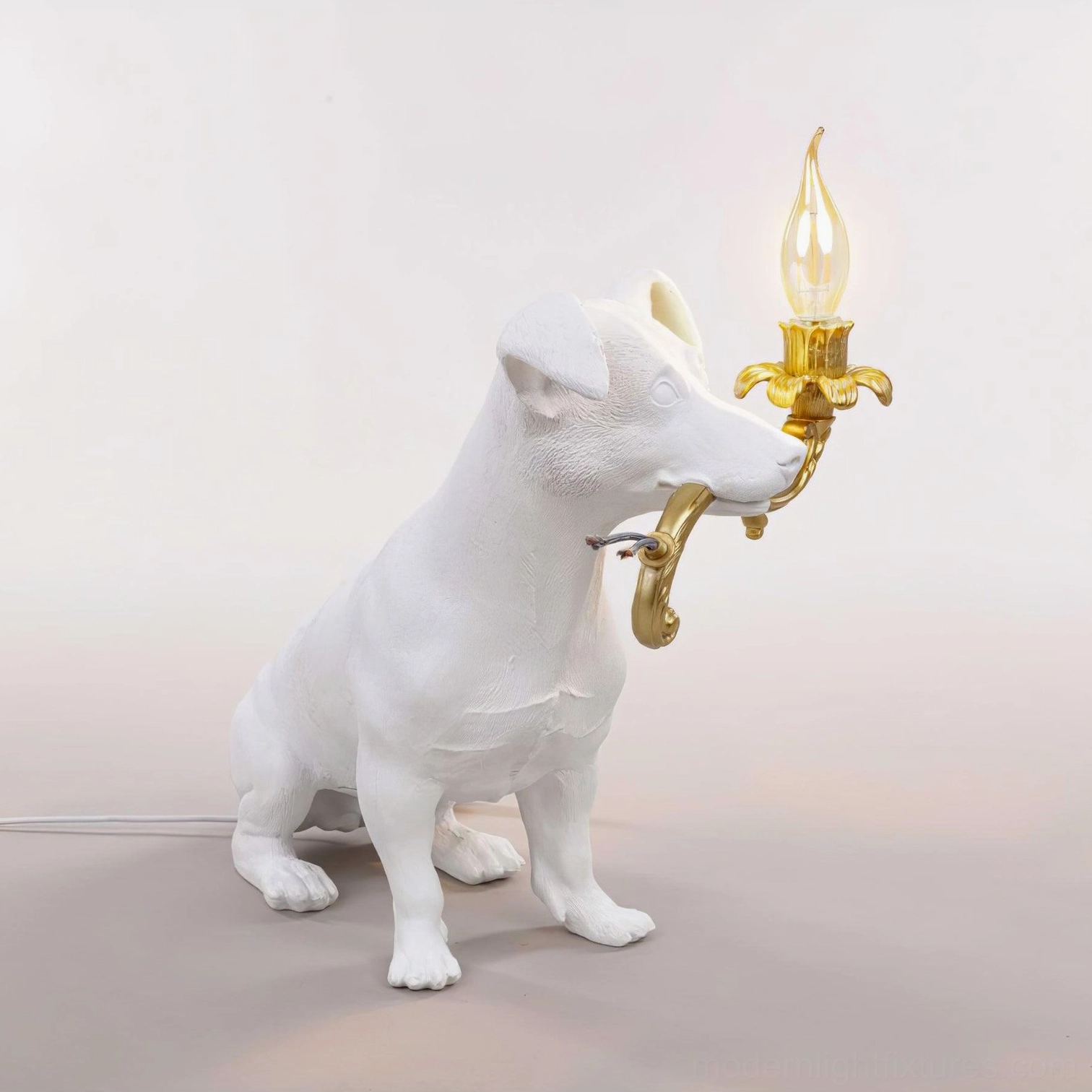 Rio dog table lamp studio view, modern decorative dog-shaped light, resin sculptural fixture professional photography