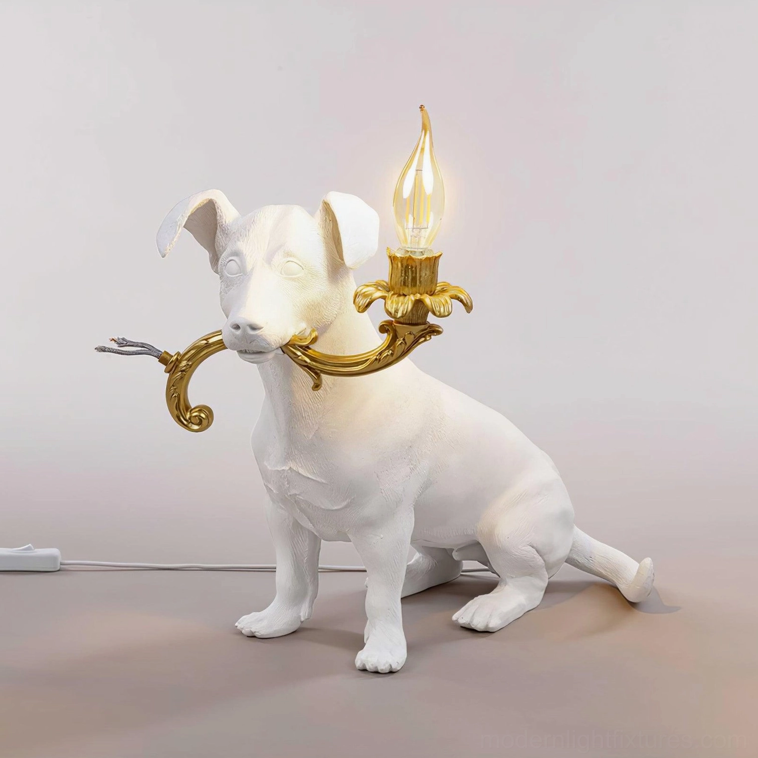 Rio dog table lamp white gold variant, modern resin dog light fixture, decorative canine table lamp premium finish