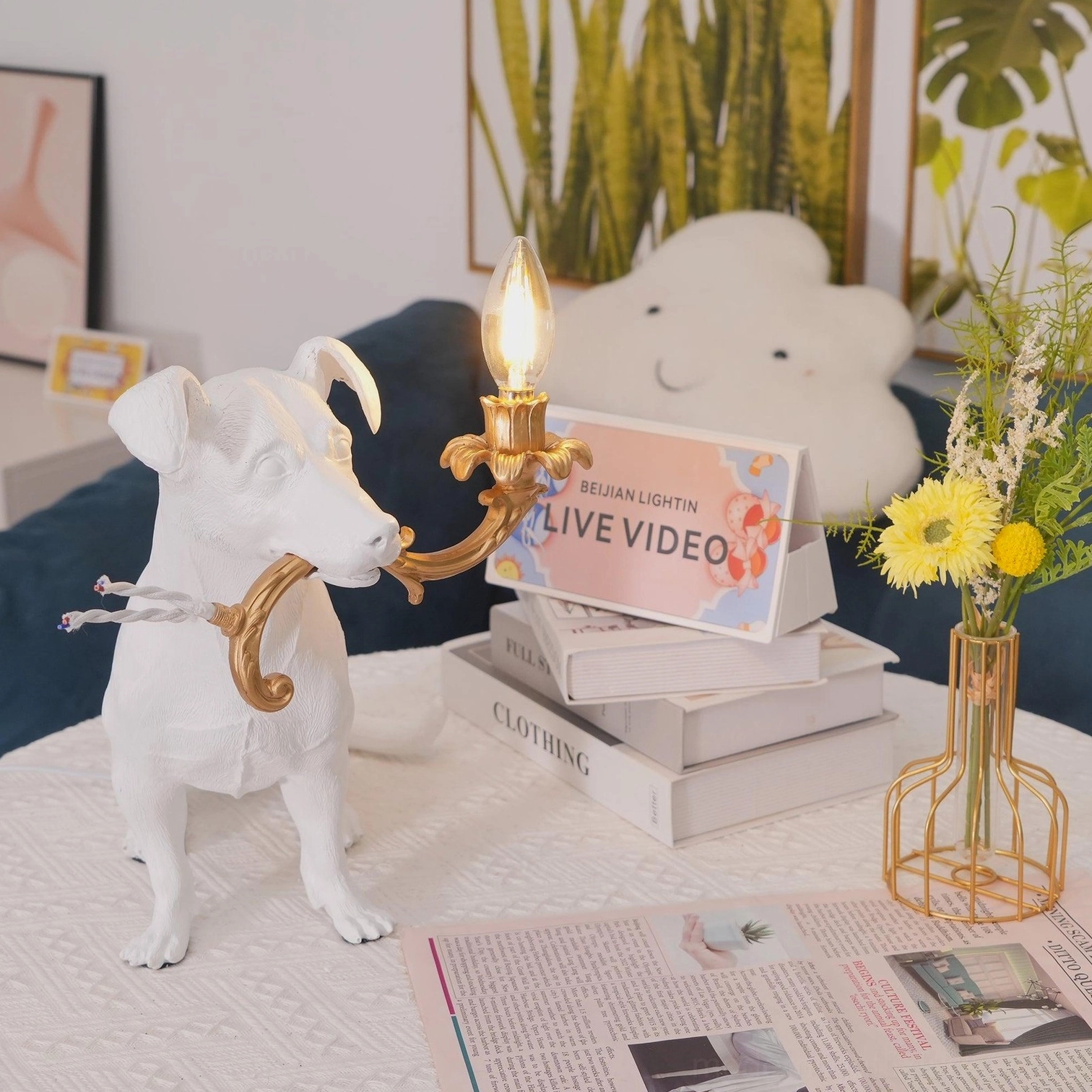 Rio dog lamp white variant modern table light, decorative canine fixture resin and metal construction, contemporary home lighting