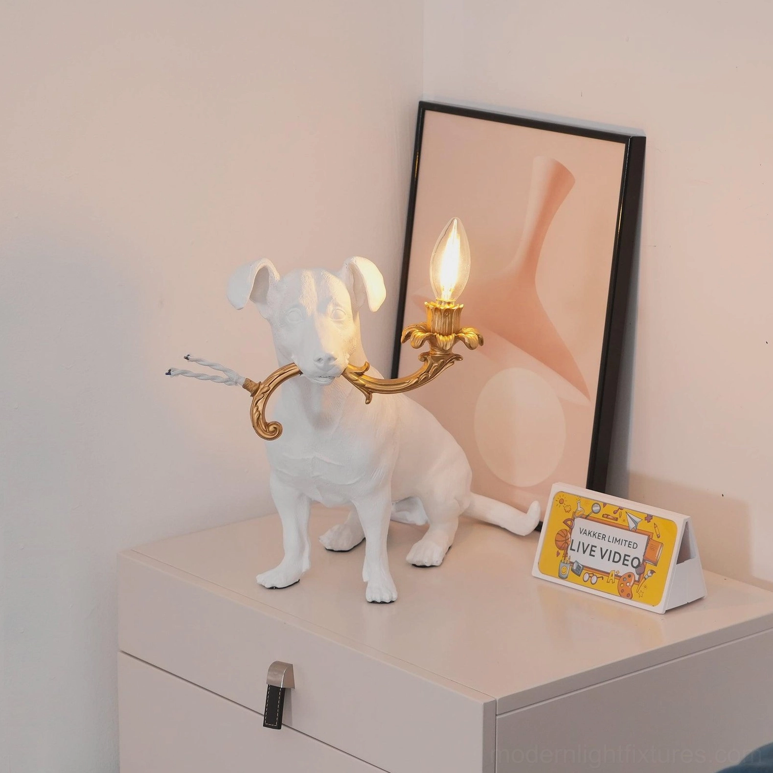 Rio dog table lamp seated dog design, modern playful light fixture, white resin gold metal accents contemporary decor