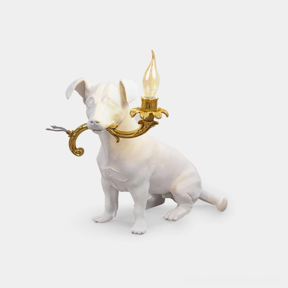 Rio white dog sculptural table lamp with gold metal candelabra, modern resin dog-shaped light fixture front three-quarter view