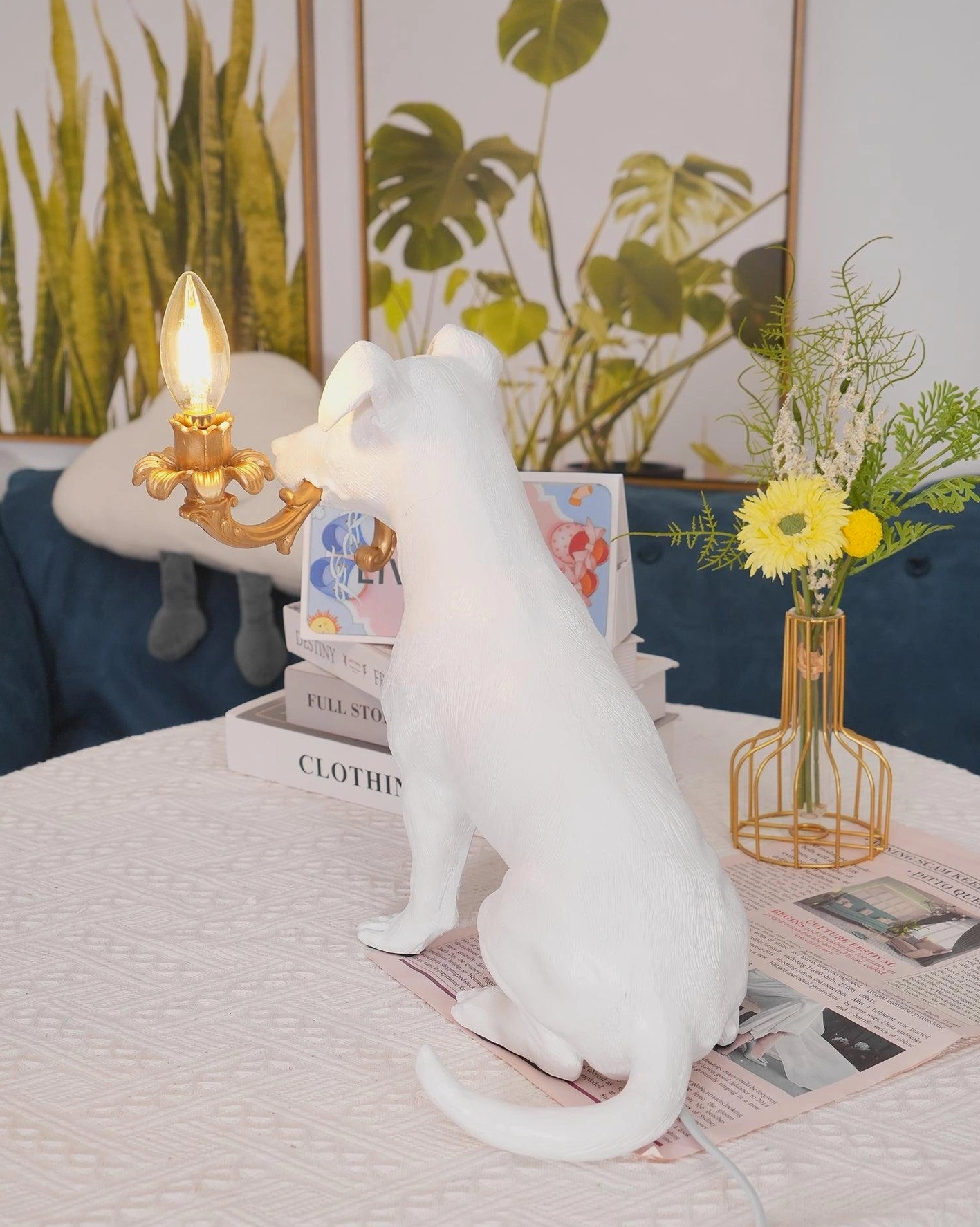 Rio dog table lamp sitting position, sculptural white resin dog figure, gold candelabra holder decorative light fixture