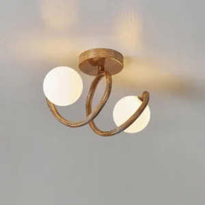 Overhead view of Rios wooden semi-flush ceiling lamp with dual frosted bulbs, warm lighting