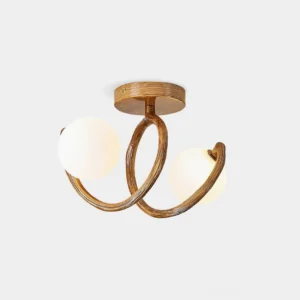 Rios modern ball semi-flush ceiling light with wood grain finish and frosted glass shades, front view