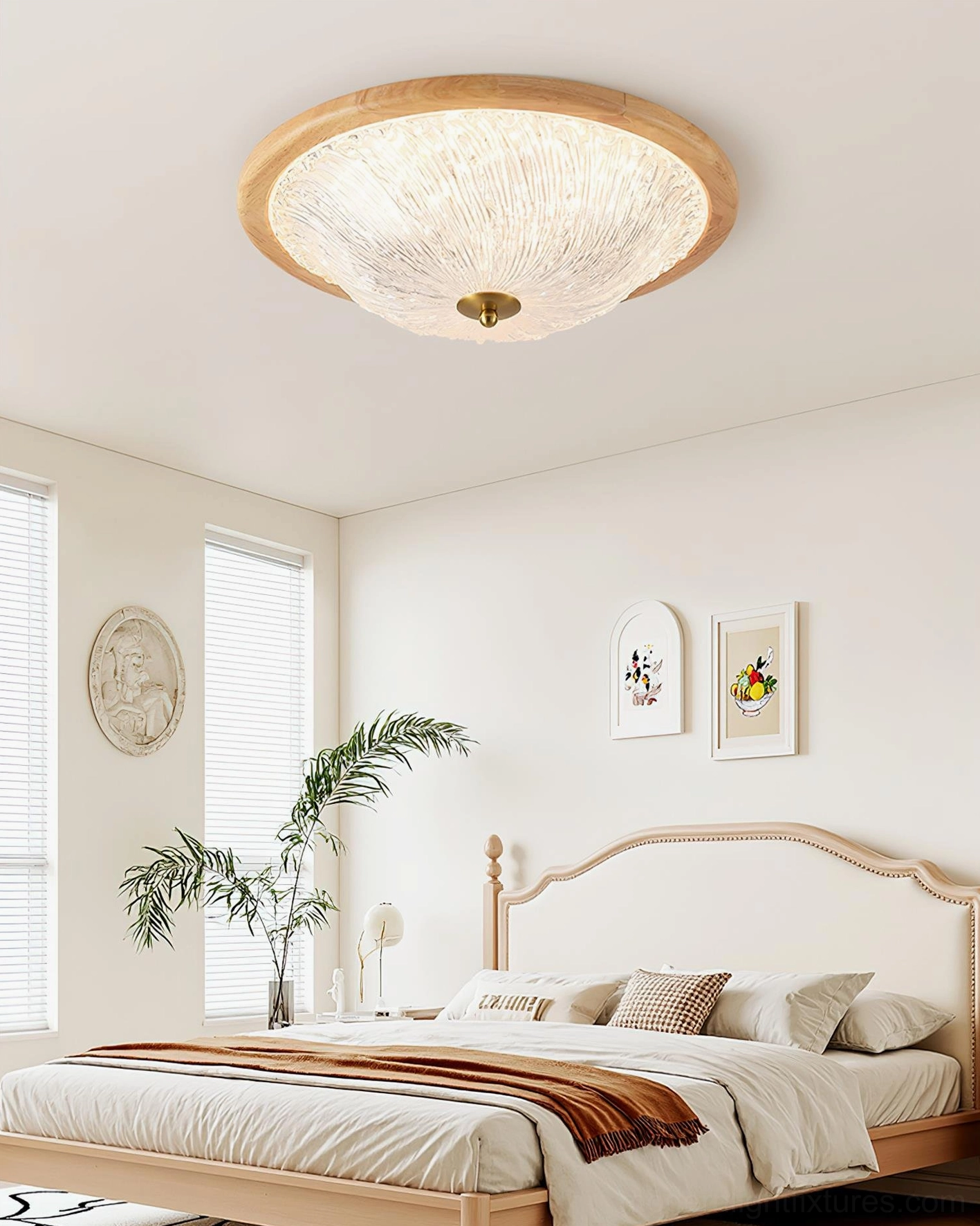 Modern ripple ceiling light with natural wood frame installed in minimalist bright bedroom - soft warm lighting