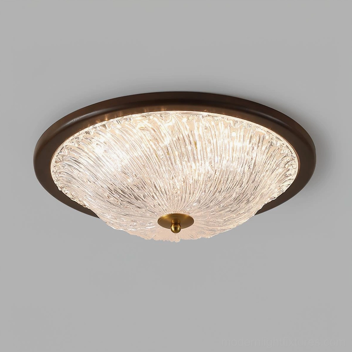 Walnut finish ripple ceiling light with clear acrylic ribbed diffuser and integrated LED - side profile view